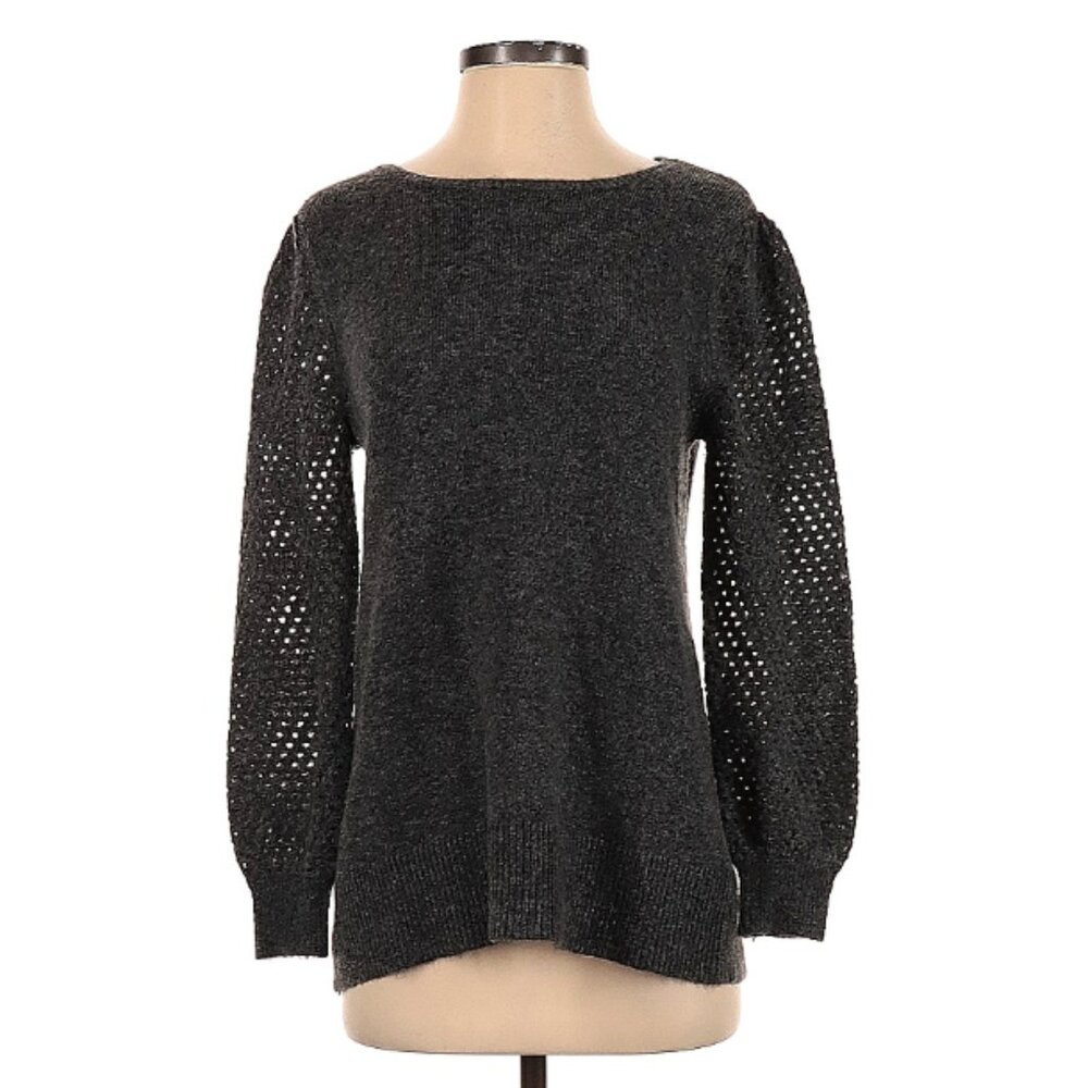 🎉LOFT Charcoal Grey Knit Sweater with Open-Stitch Balloon Sleeves - Small